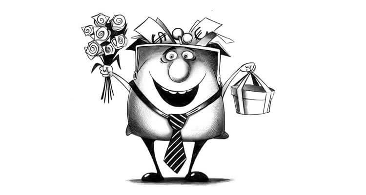 Мужчина в галстуке с подарком и цветами